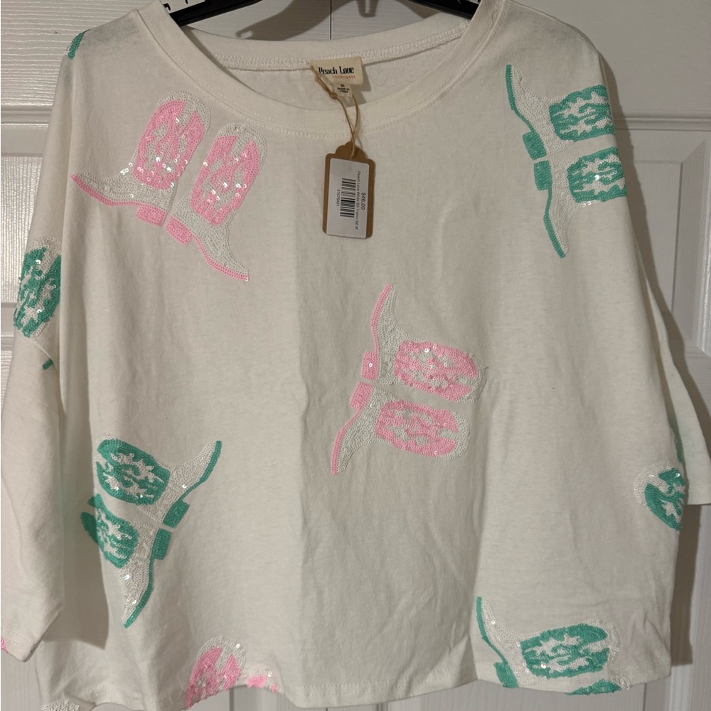 White Tee with Pink and teal Sequin Boots
